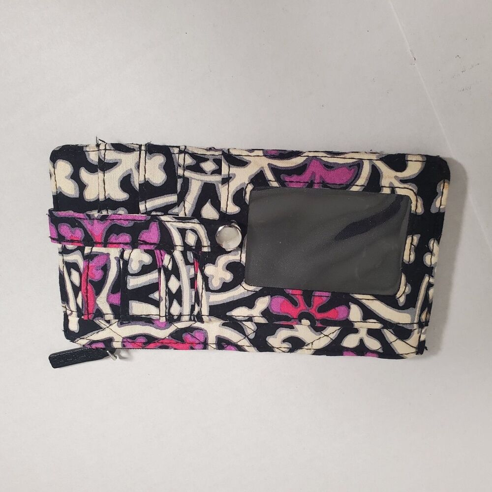 Vera Bradley ID Wallet Wristlet Card Holder Black Pink Floral‎ Quilted